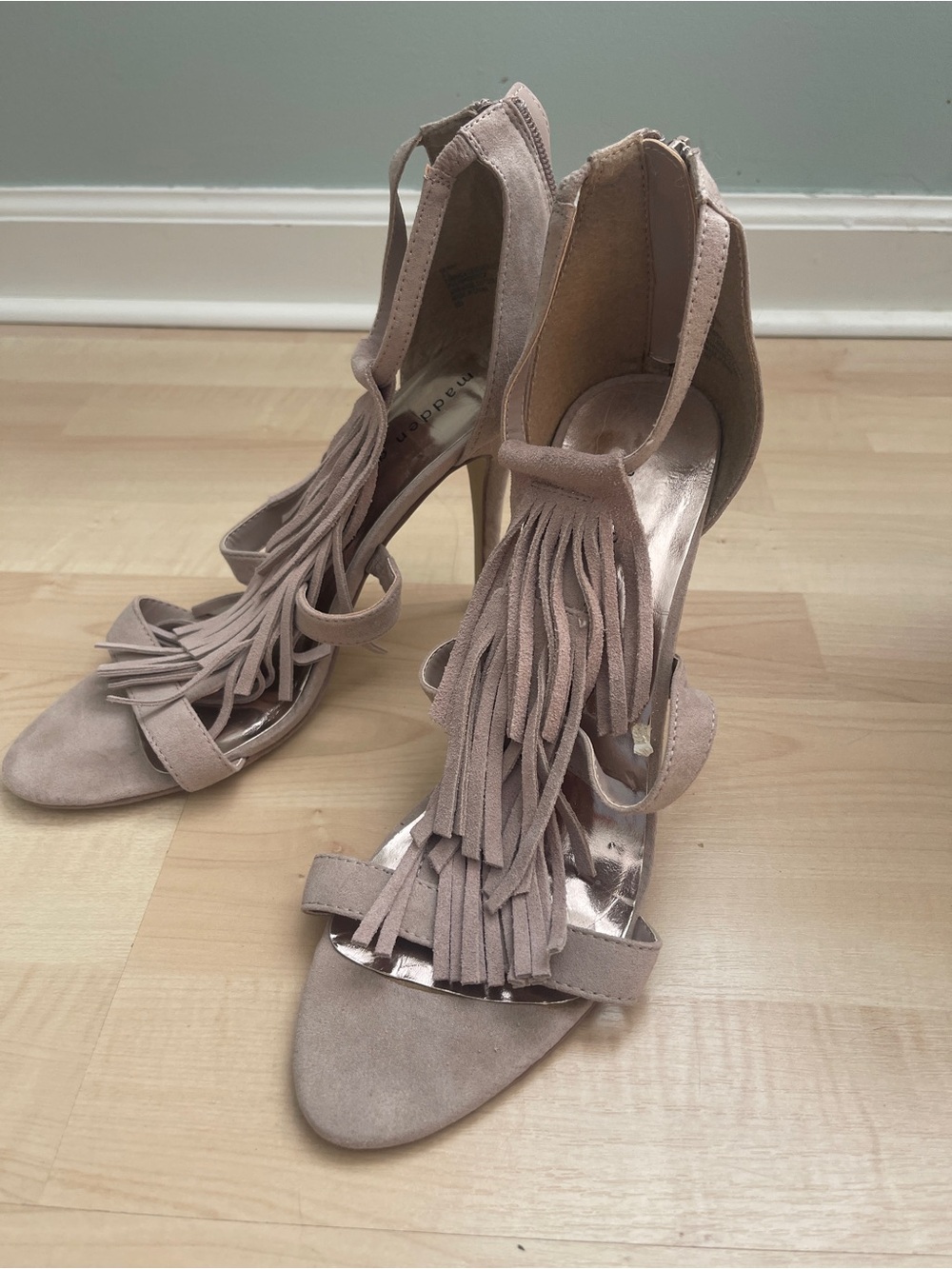 Madden Girl Demiiii Fringed Suede High Heel Sandals - Nude